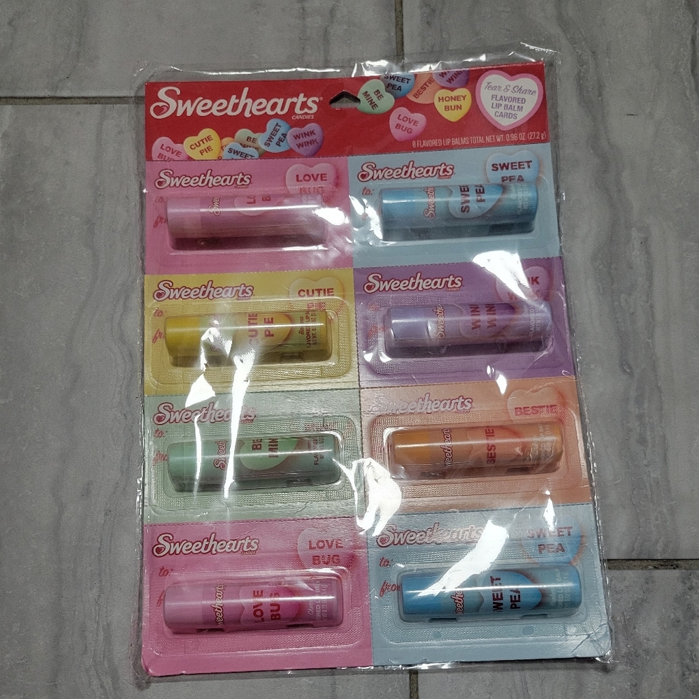 Sweethearts Candies 8 Flavored Lip Balms Total Net WT. 0.96 OZ.  Lip Balm Set